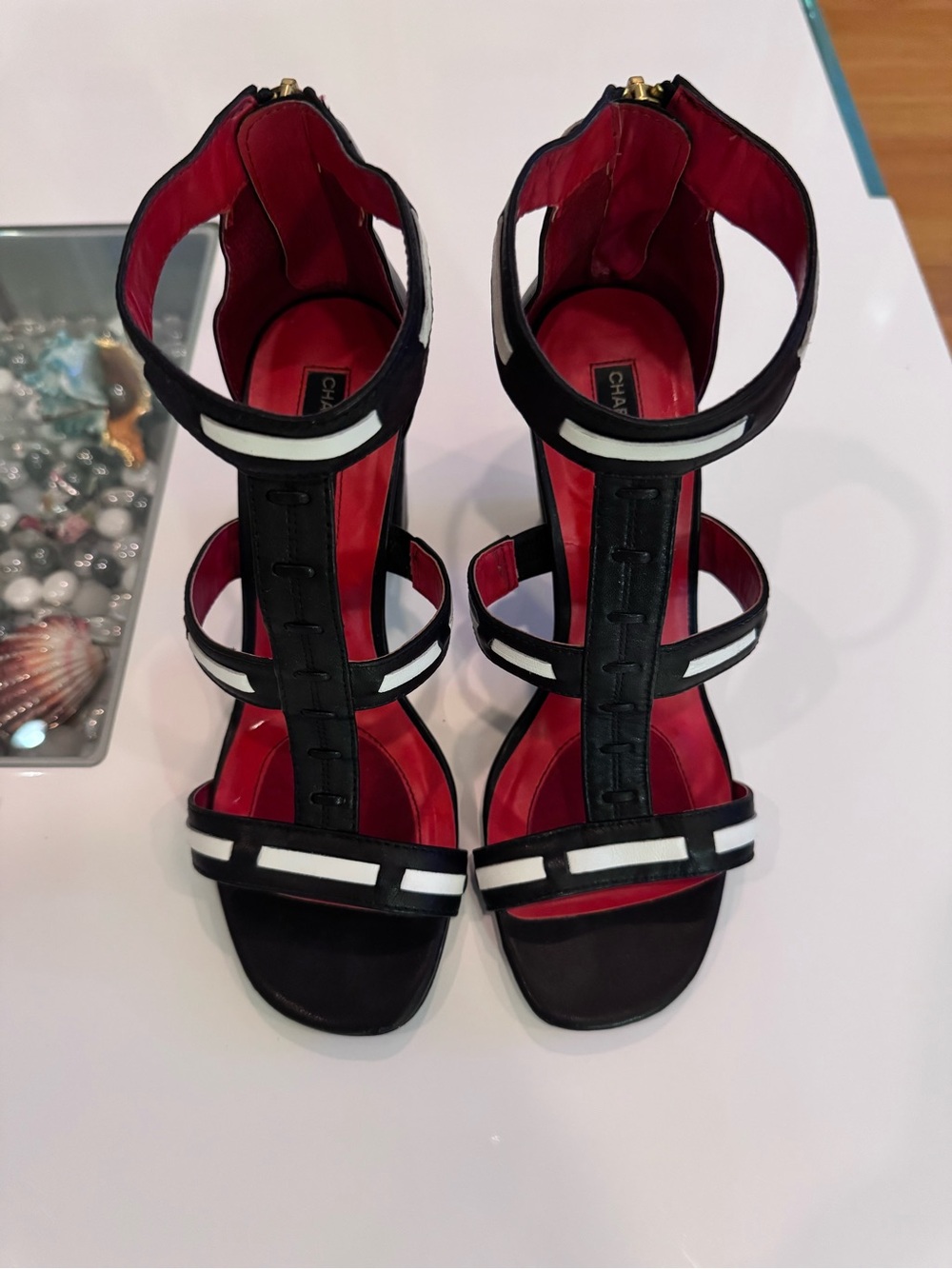 Charles Jourdan Black, White and Red Strappy High Heel Sandals